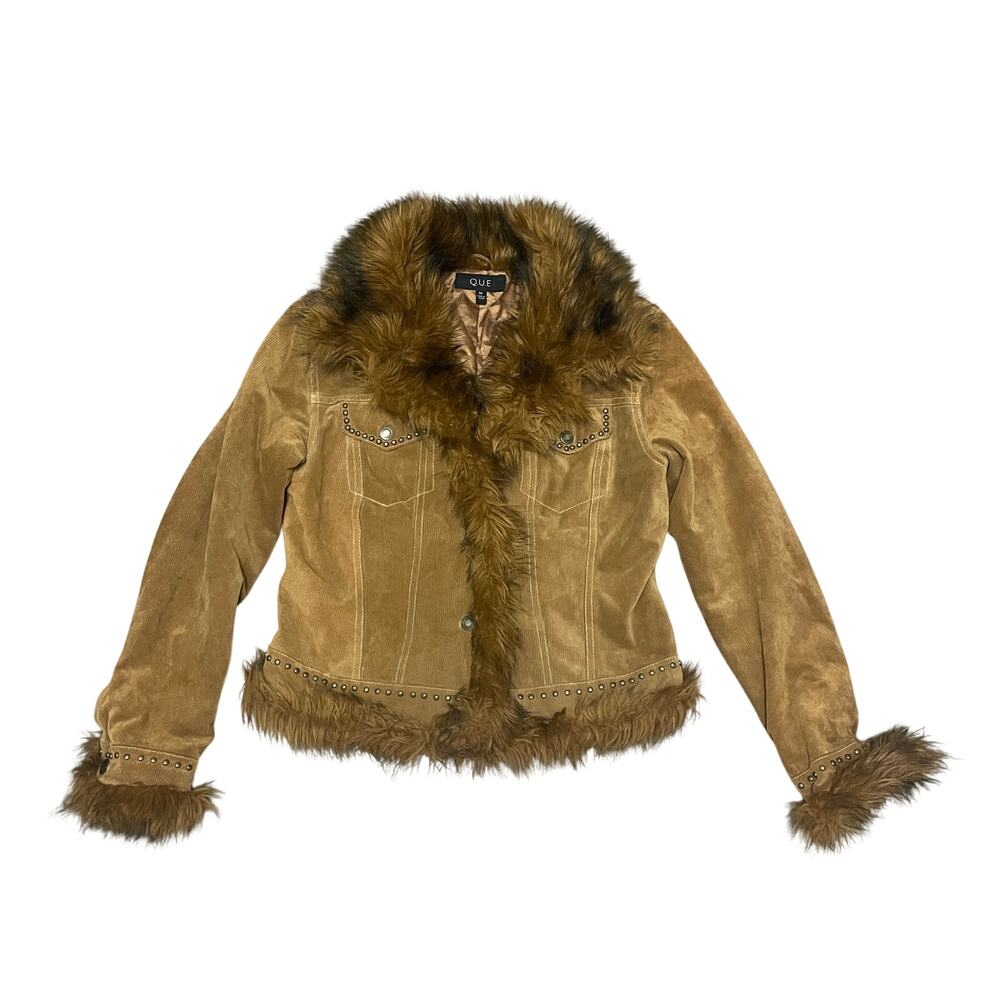 Que Y2K Tan Faux Suede Fur Trim Studded Jacket Boho Western